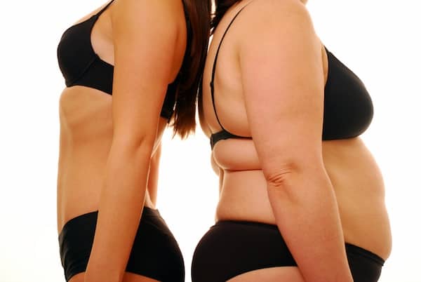 Two women wearing black underwear, standing back to back. The left woman is of a healthy weight while the woman on the right is overweight.