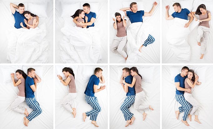 An image showing a couple lying in various positions in bed
